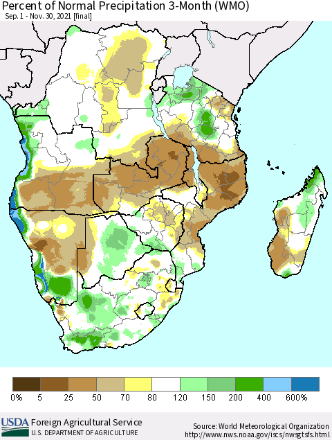 Southern Africa Percent of Normal Precipitation 3-Month (WMO) Thematic Map For 9/1/2021 - 11/30/2021