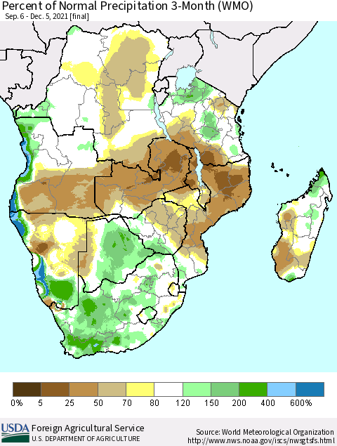 Southern Africa Percent of Normal Precipitation 3-Month (WMO) Thematic Map For 9/6/2021 - 12/5/2021