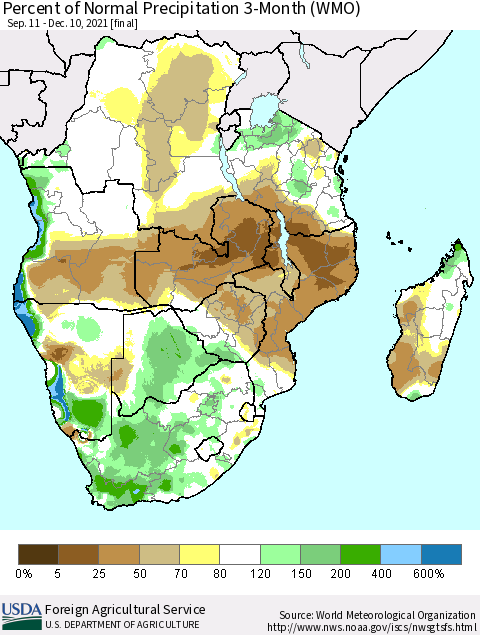 Southern Africa Percent of Normal Precipitation 3-Month (WMO) Thematic Map For 9/11/2021 - 12/10/2021