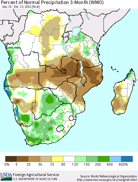 Southern Africa Percent of Normal Precipitation 3-Month (WMO) Thematic Map For 9/16/2021 - 12/15/2021