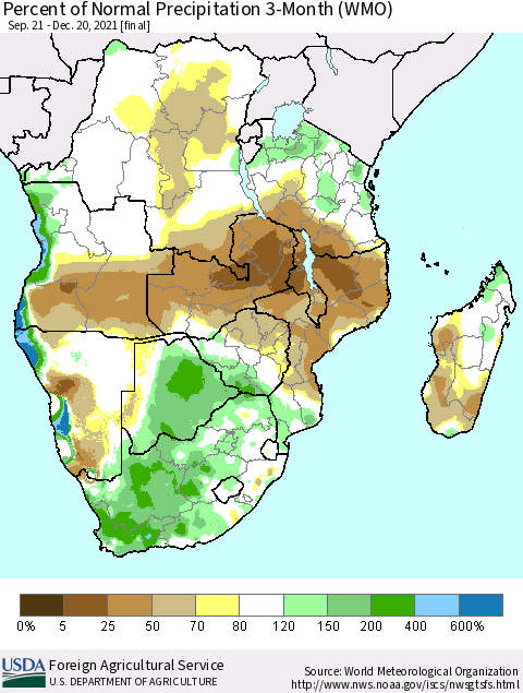 Southern Africa Percent of Normal Precipitation 3-Month (WMO) Thematic Map For 9/21/2021 - 12/20/2021