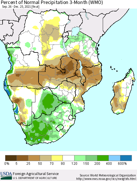 Southern Africa Percent of Normal Precipitation 3-Month (WMO) Thematic Map For 9/26/2021 - 12/25/2021