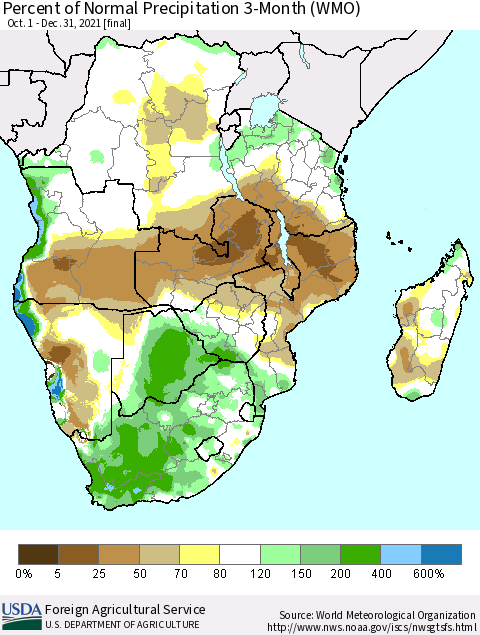 Southern Africa Percent of Normal Precipitation 3-Month (WMO) Thematic Map For 10/1/2021 - 12/31/2021