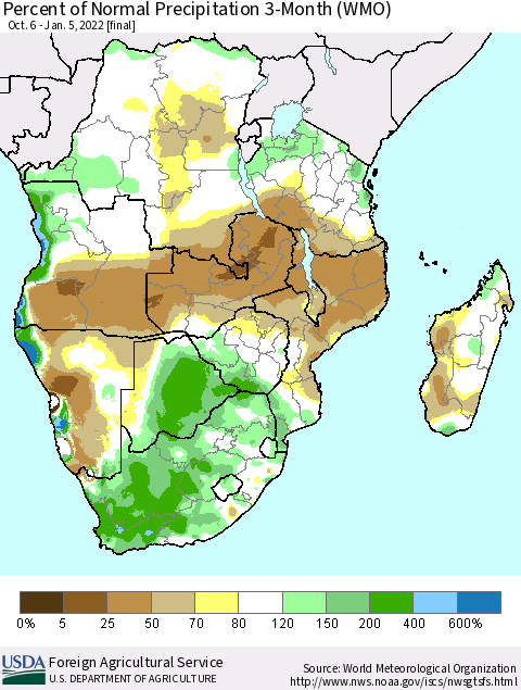 Southern Africa Percent of Normal Precipitation 3-Month (WMO) Thematic Map For 10/6/2021 - 1/5/2022