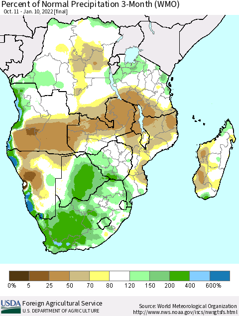 Southern Africa Percent of Normal Precipitation 3-Month (WMO) Thematic Map For 10/11/2021 - 1/10/2022