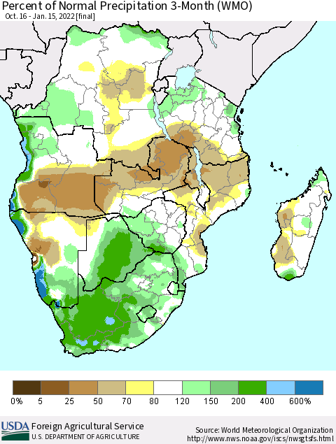 Southern Africa Percent of Normal Precipitation 3-Month (WMO) Thematic Map For 10/16/2021 - 1/15/2022