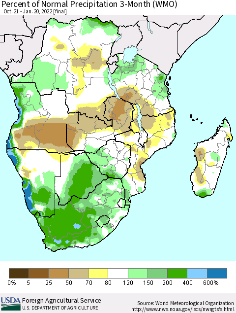 Southern Africa Percent of Normal Precipitation 3-Month (WMO) Thematic Map For 10/21/2021 - 1/20/2022