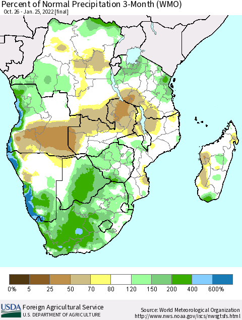 Southern Africa Percent of Normal Precipitation 3-Month (WMO) Thematic Map For 10/26/2021 - 1/25/2022