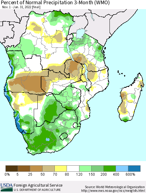 Southern Africa Percent of Normal Precipitation 3-Month (WMO) Thematic Map For 11/1/2021 - 1/31/2022