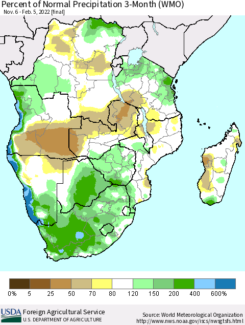 Southern Africa Percent of Normal Precipitation 3-Month (WMO) Thematic Map For 11/6/2021 - 2/5/2022