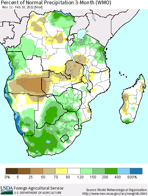 Southern Africa Percent of Normal Precipitation 3-Month (WMO) Thematic Map For 11/11/2021 - 2/10/2022