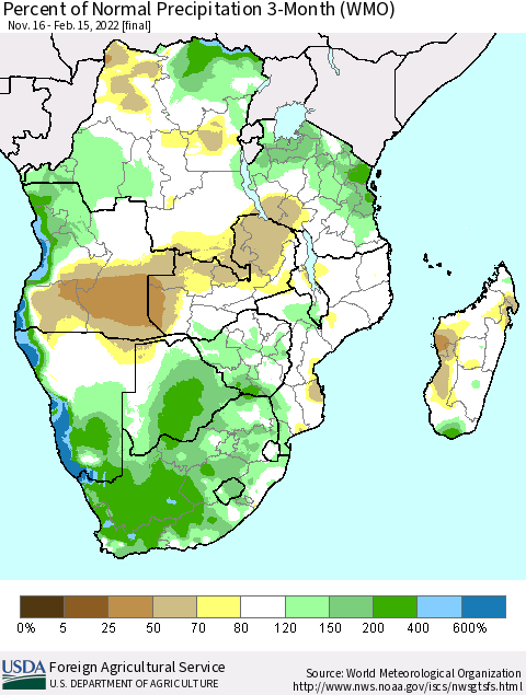 Southern Africa Percent of Normal Precipitation 3-Month (WMO) Thematic Map For 11/16/2021 - 2/15/2022