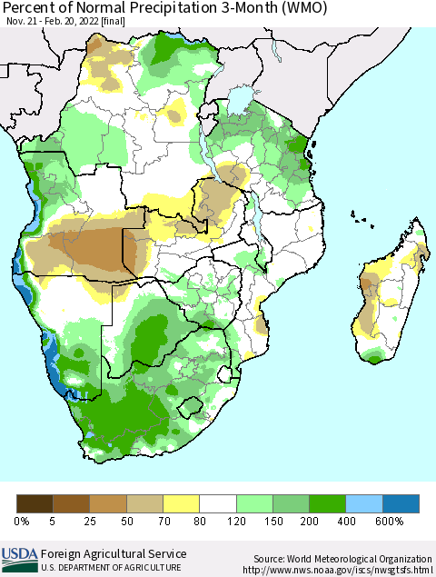 Southern Africa Percent of Normal Precipitation 3-Month (WMO) Thematic Map For 11/21/2021 - 2/20/2022