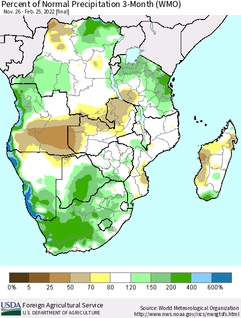 Southern Africa Percent of Normal Precipitation 3-Month (WMO) Thematic Map For 11/26/2021 - 2/25/2022