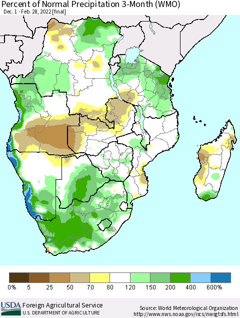 Southern Africa Percent of Normal Precipitation 3-Month (WMO) Thematic Map For 12/1/2021 - 2/28/2022