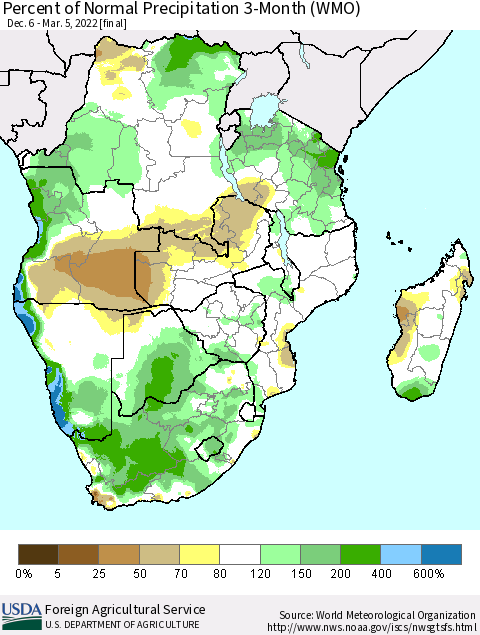 Southern Africa Percent of Normal Precipitation 3-Month (WMO) Thematic Map For 12/6/2021 - 3/5/2022
