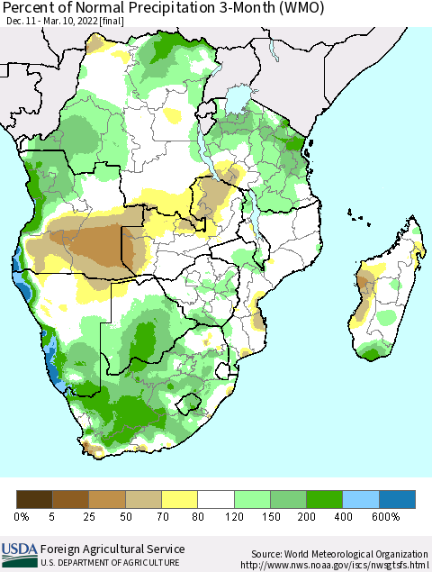 Southern Africa Percent of Normal Precipitation 3-Month (WMO) Thematic Map For 12/11/2021 - 3/10/2022