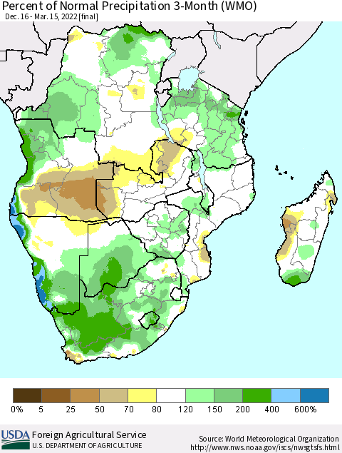 Southern Africa Percent of Normal Precipitation 3-Month (WMO) Thematic Map For 12/16/2021 - 3/15/2022
