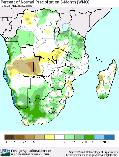 Southern Africa Percent of Normal Precipitation 3-Month (WMO) Thematic Map For 12/26/2021 - 3/25/2022