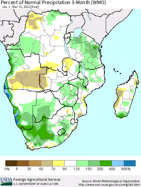 Southern Africa Percent of Normal Precipitation 3-Month (WMO) Thematic Map For 1/1/2022 - 3/31/2022