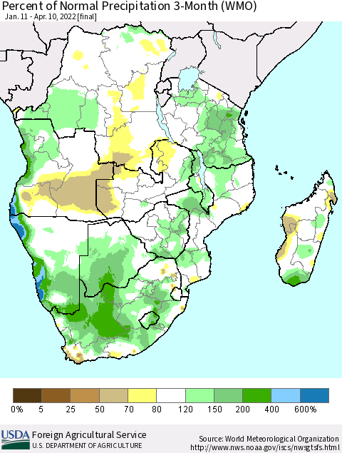 Southern Africa Percent of Normal Precipitation 3-Month (WMO) Thematic Map For 1/11/2022 - 4/10/2022
