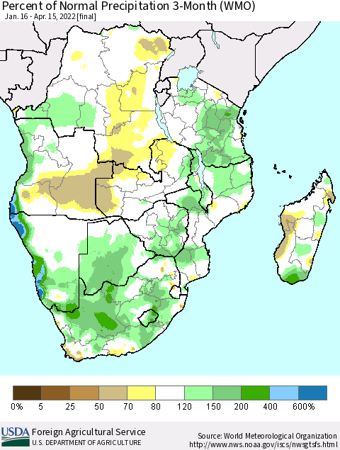 Southern Africa Percent of Normal Precipitation 3-Month (WMO) Thematic Map For 1/16/2022 - 4/15/2022