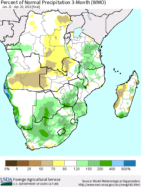 Southern Africa Percent of Normal Precipitation 3-Month (WMO) Thematic Map For 1/21/2022 - 4/20/2022