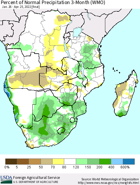 Southern Africa Percent of Normal Precipitation 3-Month (WMO) Thematic Map For 1/26/2022 - 4/25/2022