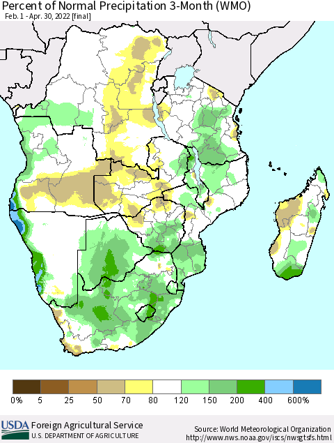 Southern Africa Percent of Normal Precipitation 3-Month (WMO) Thematic Map For 2/1/2022 - 4/30/2022