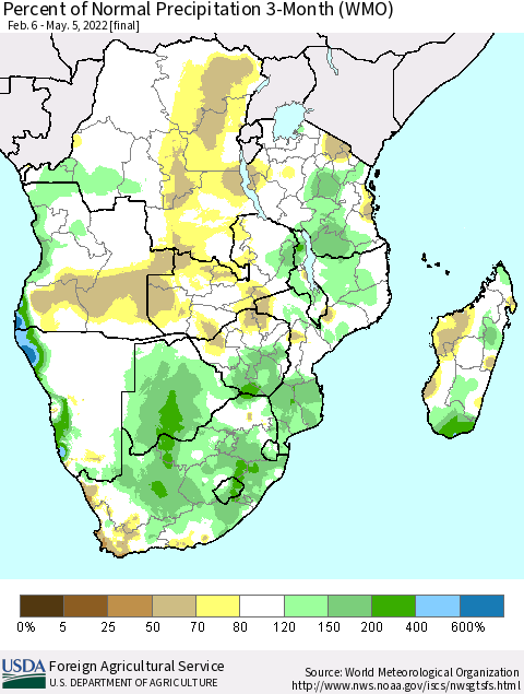 Southern Africa Percent of Normal Precipitation 3-Month (WMO) Thematic Map For 2/6/2022 - 5/5/2022