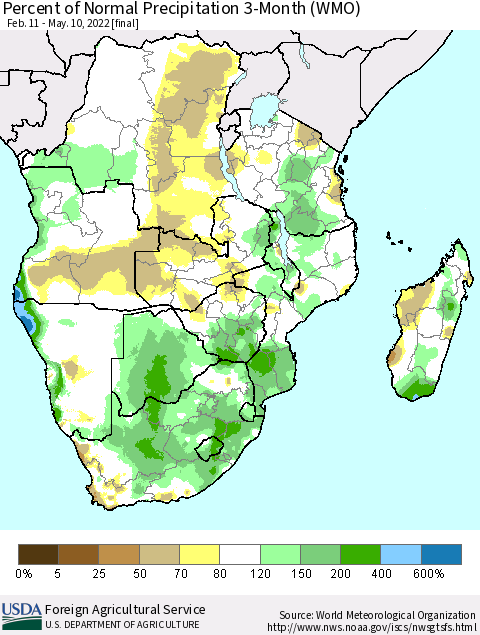 Southern Africa Percent of Normal Precipitation 3-Month (WMO) Thematic Map For 2/11/2022 - 5/10/2022