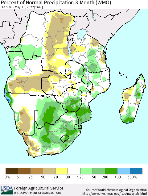 Southern Africa Percent of Normal Precipitation 3-Month (WMO) Thematic Map For 2/16/2022 - 5/15/2022