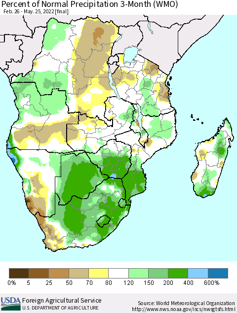 Southern Africa Percent of Normal Precipitation 3-Month (WMO) Thematic Map For 2/26/2022 - 5/25/2022