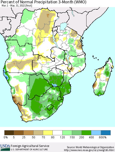 Southern Africa Percent of Normal Precipitation 3-Month (WMO) Thematic Map For 3/1/2022 - 5/31/2022