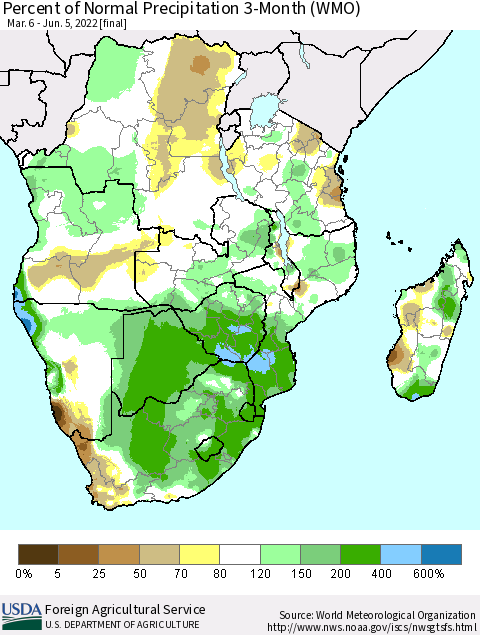 Southern Africa Percent of Normal Precipitation 3-Month (WMO) Thematic Map For 3/6/2022 - 6/5/2022