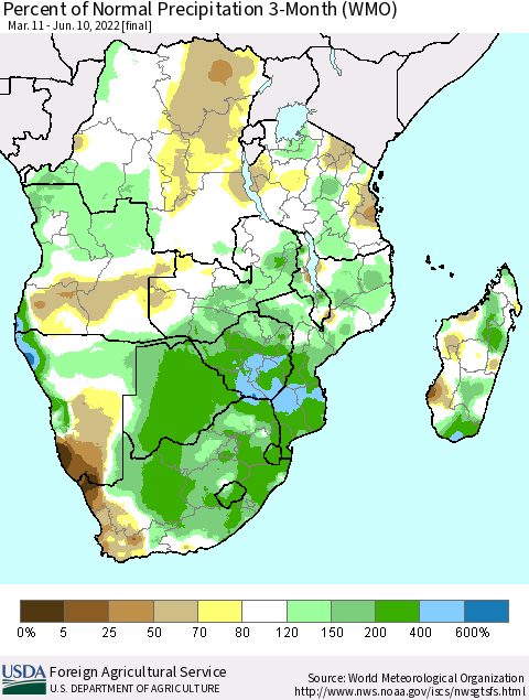 Southern Africa Percent of Normal Precipitation 3-Month (WMO) Thematic Map For 3/11/2022 - 6/10/2022
