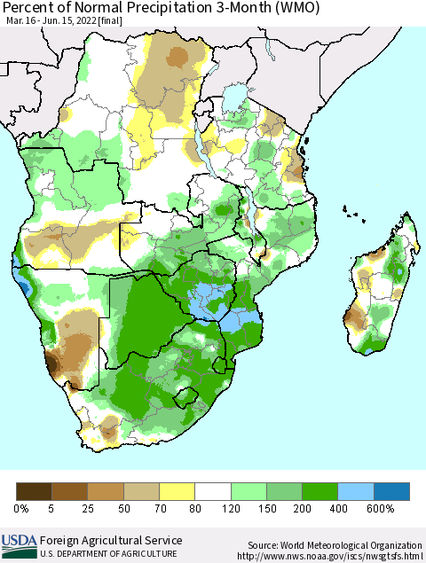 Southern Africa Percent of Normal Precipitation 3-Month (WMO) Thematic Map For 3/16/2022 - 6/15/2022