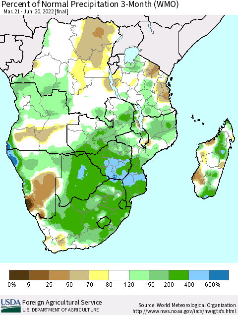 Southern Africa Percent of Normal Precipitation 3-Month (WMO) Thematic Map For 3/21/2022 - 6/20/2022
