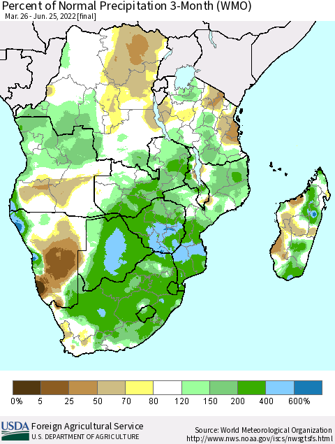 Southern Africa Percent of Normal Precipitation 3-Month (WMO) Thematic Map For 3/26/2022 - 6/25/2022