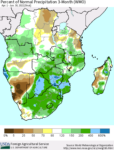 Southern Africa Percent of Normal Precipitation 3-Month (WMO) Thematic Map For 4/1/2022 - 6/30/2022