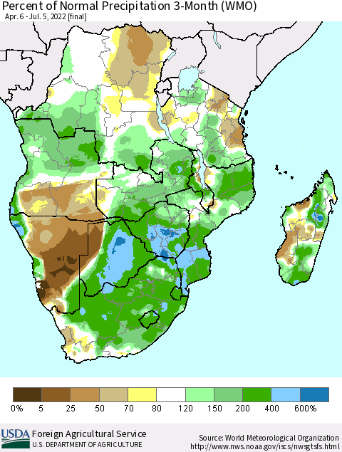 Southern Africa Percent of Normal Precipitation 3-Month (WMO) Thematic Map For 4/6/2022 - 7/5/2022