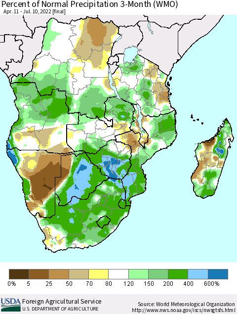 Southern Africa Percent of Normal Precipitation 3-Month (WMO) Thematic Map For 4/11/2022 - 7/10/2022