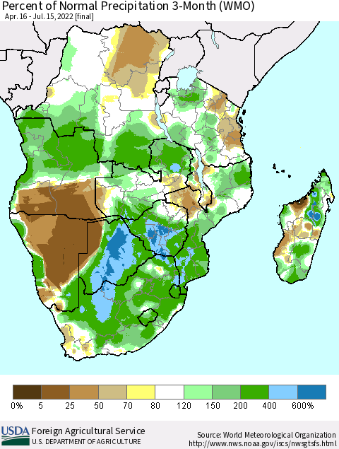 Southern Africa Percent of Normal Precipitation 3-Month (WMO) Thematic Map For 4/16/2022 - 7/15/2022