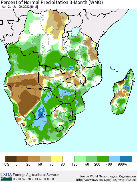 Southern Africa Percent of Normal Precipitation 3-Month (WMO) Thematic Map For 4/21/2022 - 7/20/2022
