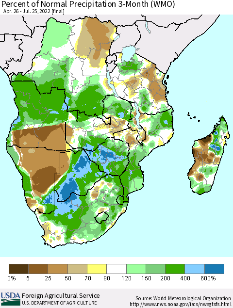 Southern Africa Percent of Normal Precipitation 3-Month (WMO) Thematic Map For 4/26/2022 - 7/25/2022