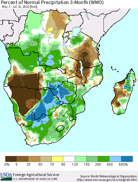 Southern Africa Percent of Normal Precipitation 3-Month (WMO) Thematic Map For 5/1/2022 - 7/31/2022