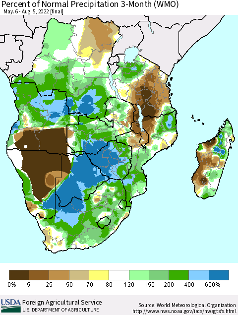 Southern Africa Percent of Normal Precipitation 3-Month (WMO) Thematic Map For 5/6/2022 - 8/5/2022