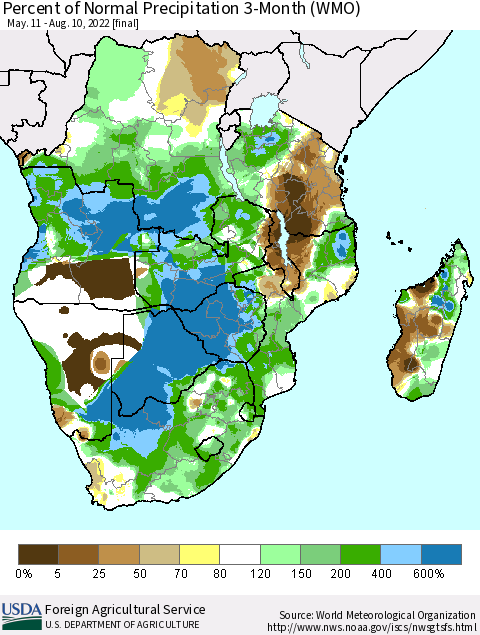 Southern Africa Percent of Normal Precipitation 3-Month (WMO) Thematic Map For 5/11/2022 - 8/10/2022