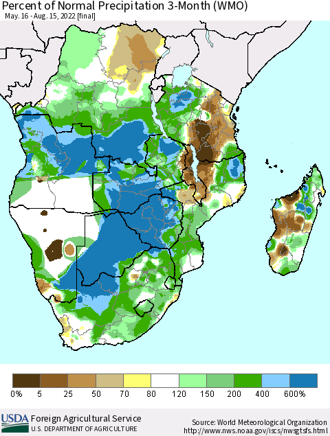 Southern Africa Percent of Normal Precipitation 3-Month (WMO) Thematic Map For 5/16/2022 - 8/15/2022