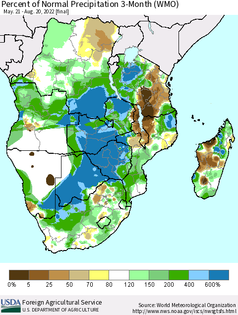 Southern Africa Percent of Normal Precipitation 3-Month (WMO) Thematic Map For 5/21/2022 - 8/20/2022